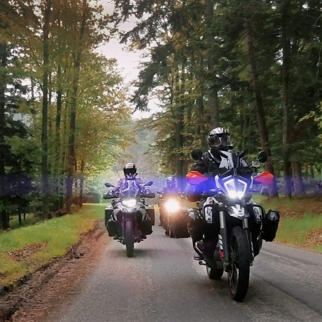 Motorradfahrer in Schutzkleidung und sein Motorrad vor einem Geländeweg.