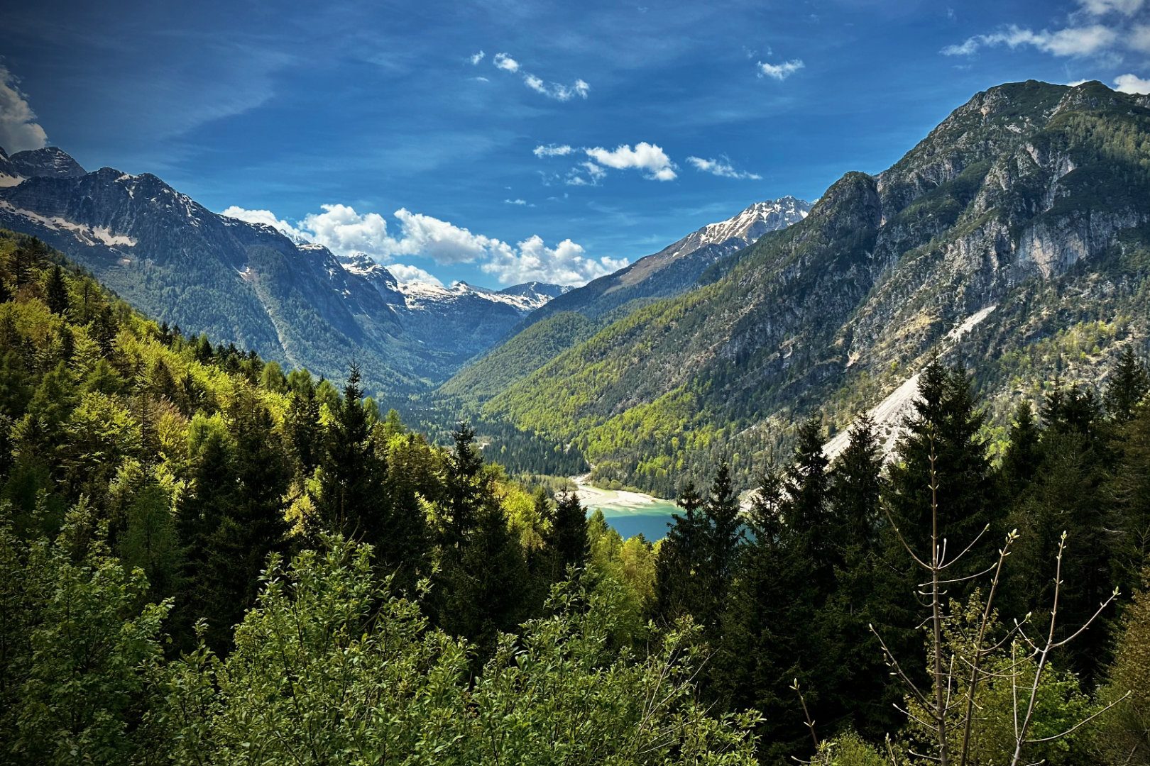 Berglandschaft mit grünen Wäldern und blauem Wassersee unter einem bewölkten Himmel.